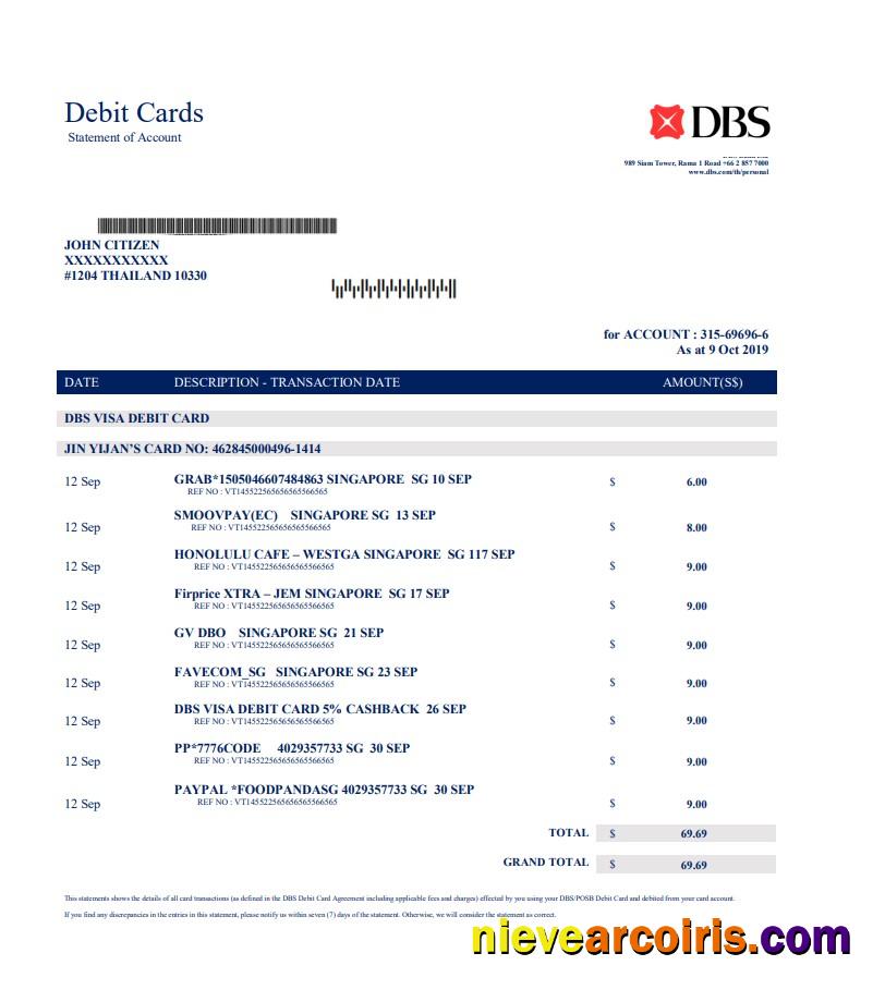 Thailand DBS bank proof of address statement in Word and PDF format